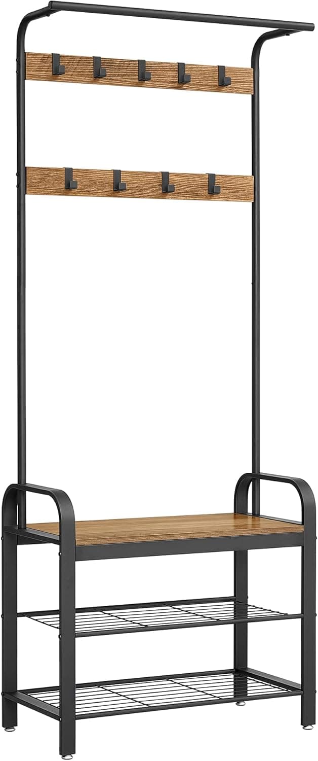 Detalle de VASAGLE Appendiabiti con scarpiera e panca HSR040B41, 4 in 1 per ingresso con 9 ganci rimovibili