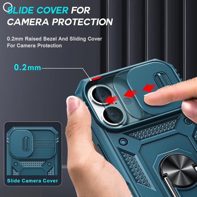 Detalle de LeYi iPhone 16 case with sliding camera cover, ring stand & 2-pack tempered glass (blue) – shockproof protection