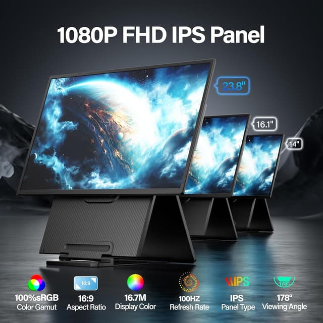 Detalle 2 de Setclod 23.8" Large Portable Monitor (1080P FHD, 100Hz, IPS) with USB Hub & Detachable Stand