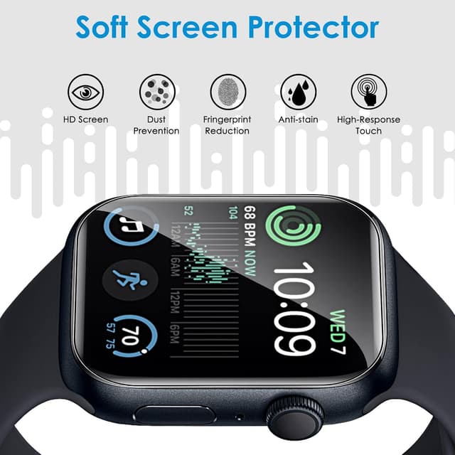 Detalle de UniqueMe 6-Pack TPU Screen Protectors for Apple Watch 44mm (Series SE/SE 2/SE 3/6/5/4) — Clear, Anti-Scratch, Self-Healing Film