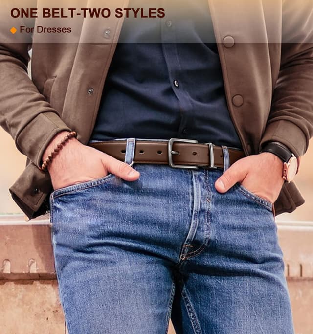 Detalle de BULLIANT Men’s Reversible Leather Belt (1 1/4") – Black & Brown, Adjustable Fit