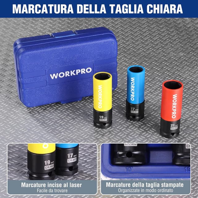 Thumbnail 6 de WORKPRO Set bussole bulloni ruota 1/2" (17/19/21 mm) con protezione, 3 pezzi, parete sottile Cr-Mo