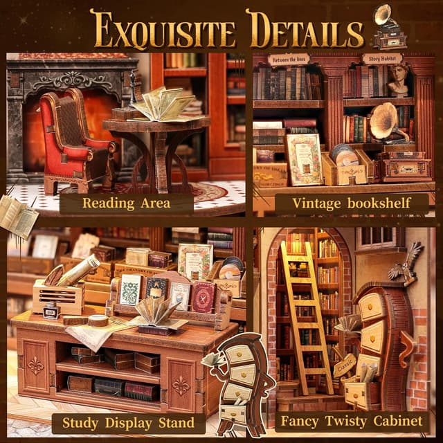 Detalle de CUTEBEE Book Nook Kit – Miniatur-Puppenhaus (Thames Bookstore) mit LED-Licht