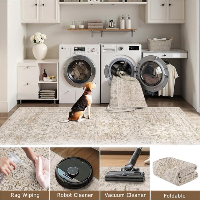 Detalle de HUGEAR Vintage style beige large area rug (160x230cm) with non-slip TPR backing