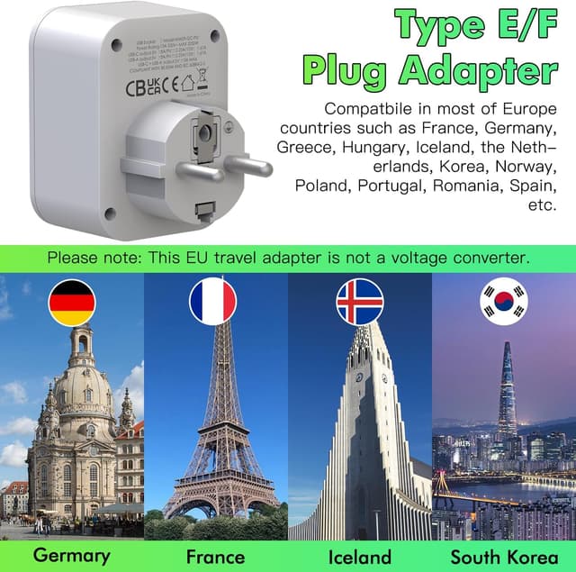 Detalle 2 de AUNNO UK to European Plug Adapter PD 20W, 2 USB ⚡