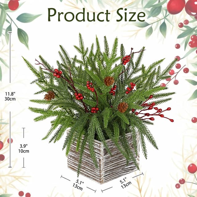 Detalle 2 de Arborus künstliche Weihnachtspflanze im Topf – rustikale Tischdeko mit Tannenzapfen, Beeren & Holzschale