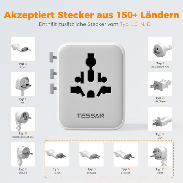 Thumbnail 6 de TESSAN Reiseadapter Weltweit mit 3 USB‑A & 1 USB‑C 🔌