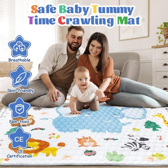 Detalle de Funsland Large Baby Play Mat (200x180cm) – foldable waterproof cotton playpen mat