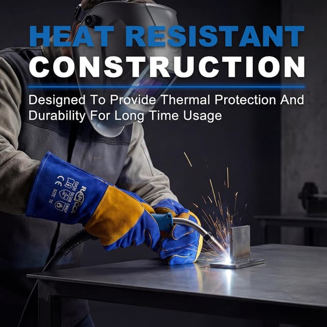 Detalle de RAPICCA Welding Gloves Fire Heat Resistant (Blue) 16IN, 932°F Leather Cover for MIG/Flux-Core/SMAW & forge work
