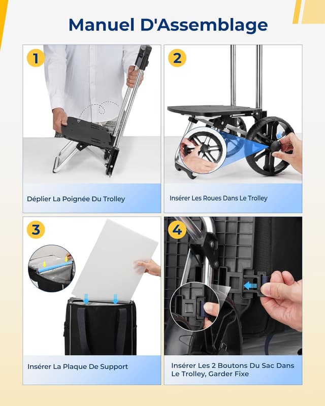 Detalle de Ytonet Chariot de courses pliable 55 L avec roulettes, sac isotherme et poche anti-vol (jusqu’à 68 kg), noir