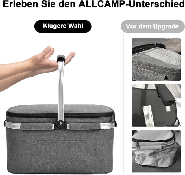 Detalle de ALLCAMP Groß faltbare isolierte Kühltasche mit Einkaufskorb & Deckel (Thermo-Picknickkorb für 2 Personen)