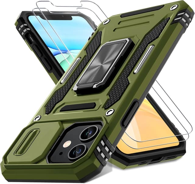 Detalle de DEERLAMN iPhone 11 Case with Sliding Camera Cover, Magnetic Ring Kickstand & Screen Protectors (Olive Green, 2-pack)