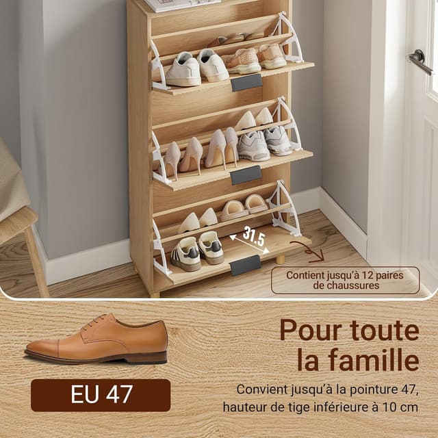 Detalle de SoBuy FSR213-N meuble à chaussures étroit 24 cm en bois nordique (60 x 24 x 120 cm)