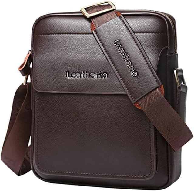 Detalle de Leathario men’s vegan leather shoulder bag (small messenger, cross body) for work, travel and daily use