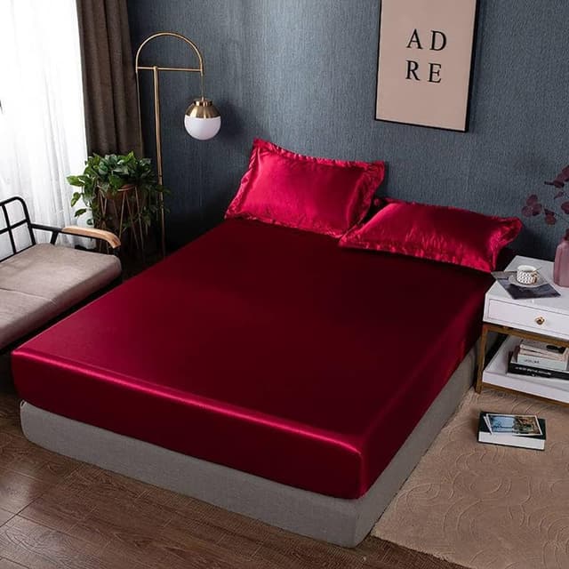 Detalle 2 de Drap-housse satin 160x200 avec bonnet 30 cm Michorinee – Rouge vin, polyester microfibre