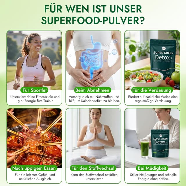 Detalle 2 de Grünes Entgiftungspulver (200 g) mit Matcha, Gerstengras & Beeren – veganes Superfood-Pulver