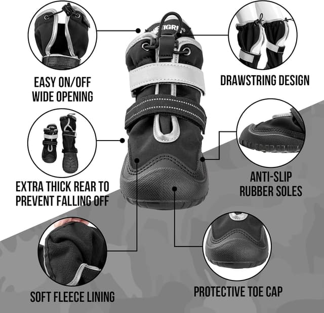 Detalle de OneTigris Dog Boots Paw Protector (Waterproof, Reflective, Non-Slip) – Black, Size #8