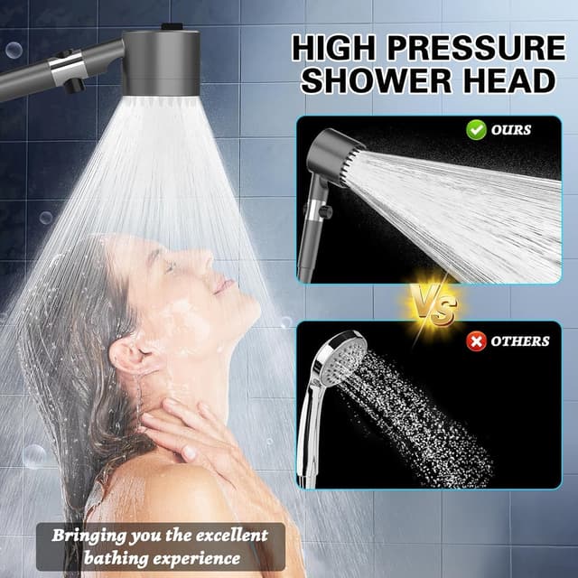 Detalle de Hard Water Filter Shower Head and Hose (Grey) – 3+1 Spray Modes High-Pressure Handheld with KDF Carbon Vitamin C Filter