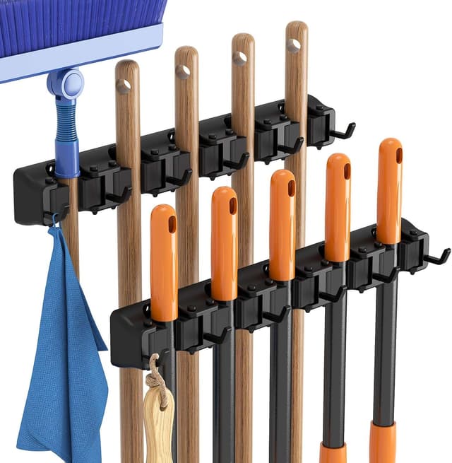 Detalle de Lifewit Besenhalterung Wand (2er-Set) mit Anti-Rutsch-Griff, 10 Schlitze & 6 Haken pro Halter, schwarz