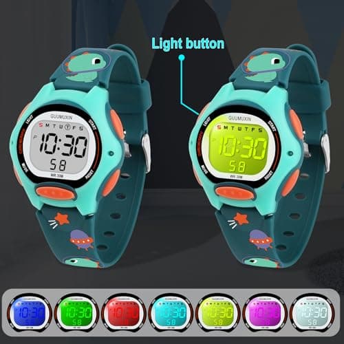 Detalle 2 de GUUMUXIN reloj digital infantil con 7 luces LED, alarma y cronómetro (resistente al agua 3 ATM)