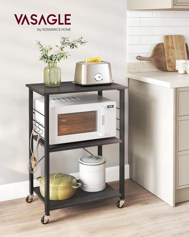 Detalle de VASAGLE Carrello da cucina su ruote con 3 ripiani e 6 ganci KKS060B42, 40 x 60 x 89 cm (nero)