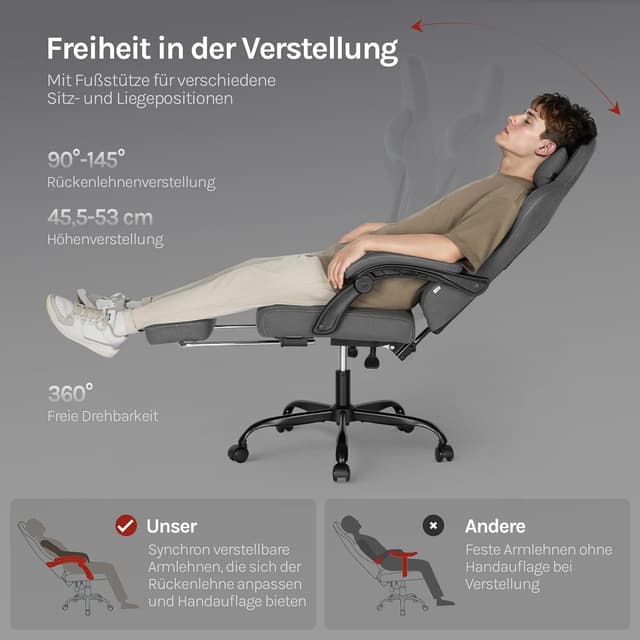 Detalle 2 de WOLTU Gaming Stuhl mit Massagefunktion, Lordosenstütze, 150-kg-Last & Fußstütze (Grau+Gelb)