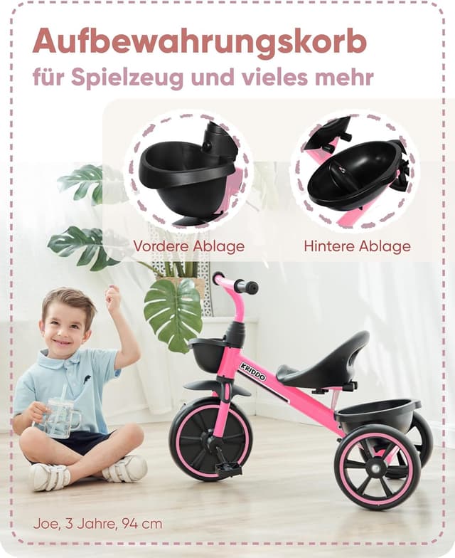 Detalle de KRIDDO Dreirad ab 2 Jahren für Kinder (24 Monate bis 5 Jahre) – Lauflernhilfe, rosa