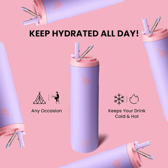 Detalle de BOTTLE BOTTLE Insulated Water Bottle 700ml (24oz) with Straw, Lid and Handle in Lilac