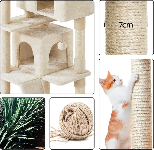Detalle 2 de Yaheetech Cat Tree (178cm) with Scratching Posts, 2 Condos, Perched Platforms & Dangling Balls – Beige