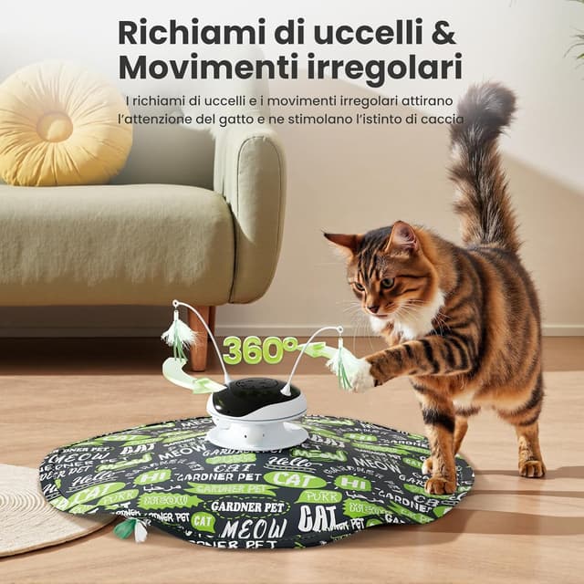 Detalle 2 de Gardner Pet Giocattolo per Gatti 5 in 1 elettrico interattivo automatico (verde) con piume, laser e suoni