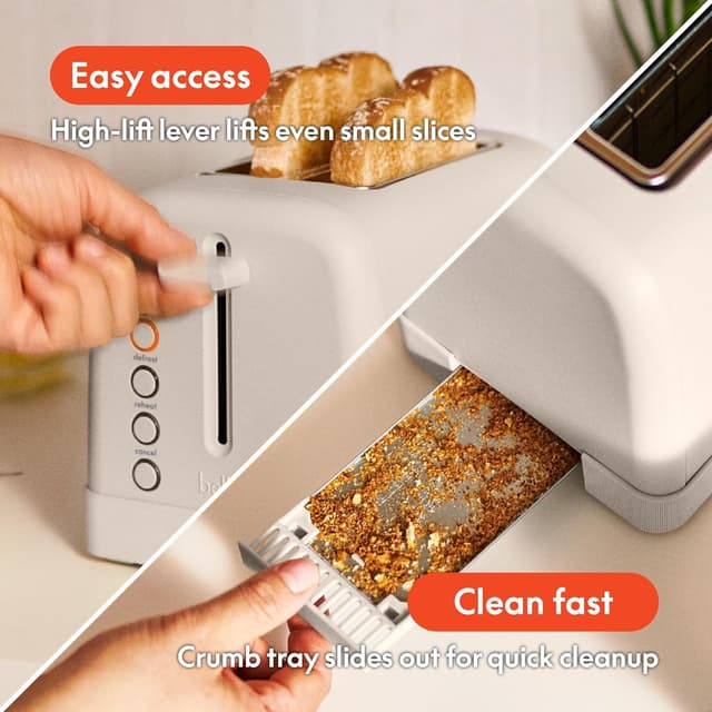 Detalle de bella 2-Slice Toaster with 6 Shade Control (Reheat, Cancel, Bagel & Defrost) and Removable Crumb Tray