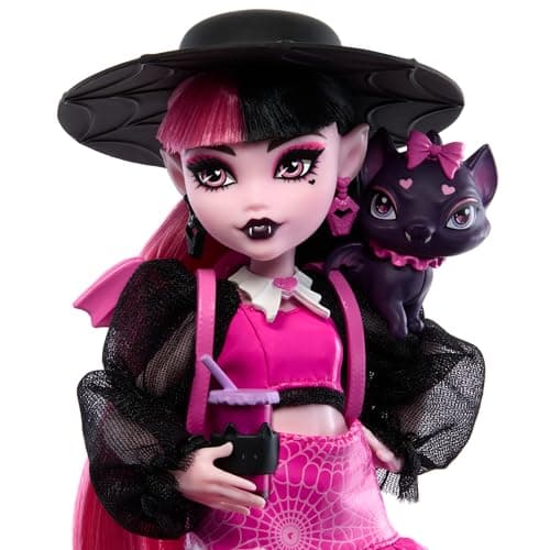 Detalle de Monster High Fabulosa Draculaura con mascota Count Fabulous (Mattel HRP64) muñeca articulada y set de moda con accesorios