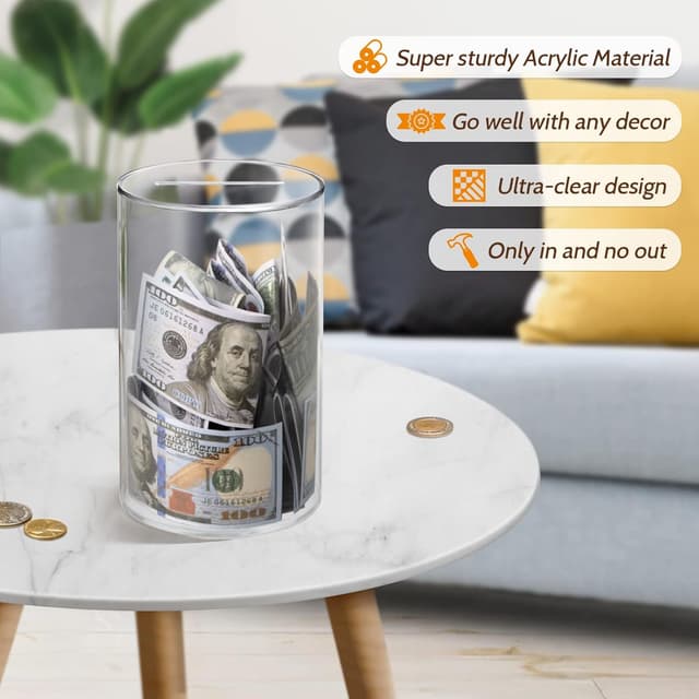 Detalle de hicocool Clear Acrylic Piggy Bank (Unopenable Money Saving Box) — 10" H x 6" D
