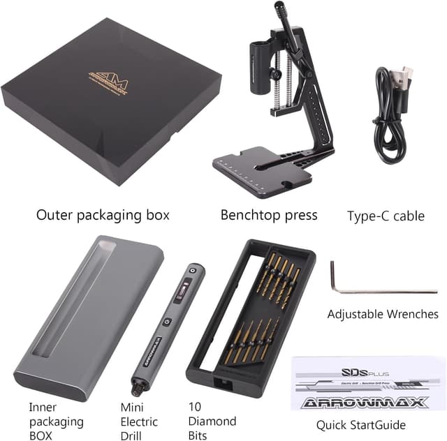 Detalle 2 de ARROWMAX Mini penna elettrica a 5 velocità con pressa da banco, luci LED e display OLED