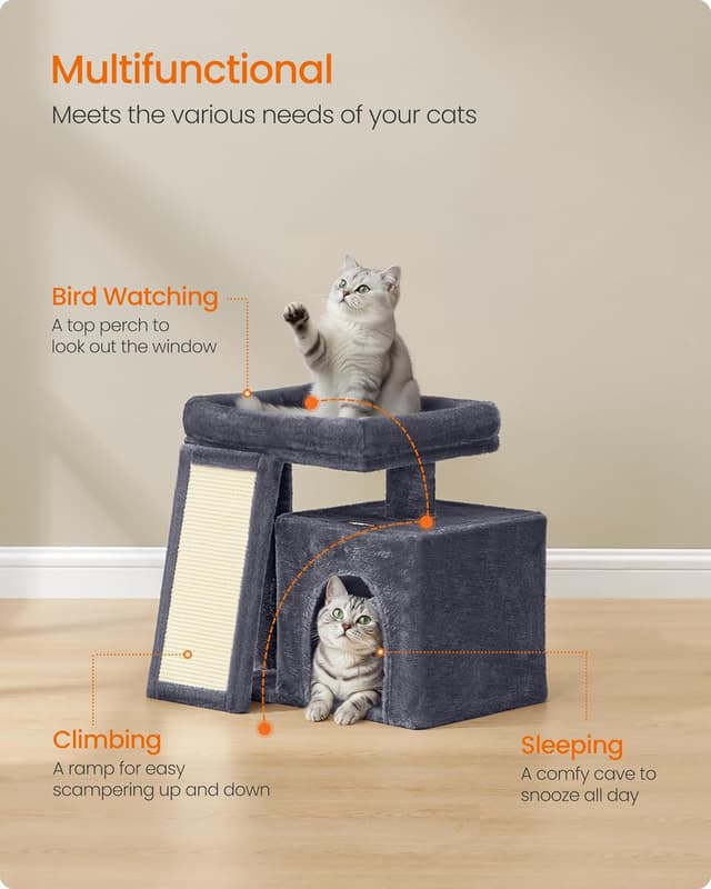 Detalle de Feandrea Small Cat Tree (PCT010GS01) – compact cat tower with scratching ramp, cave & top perch