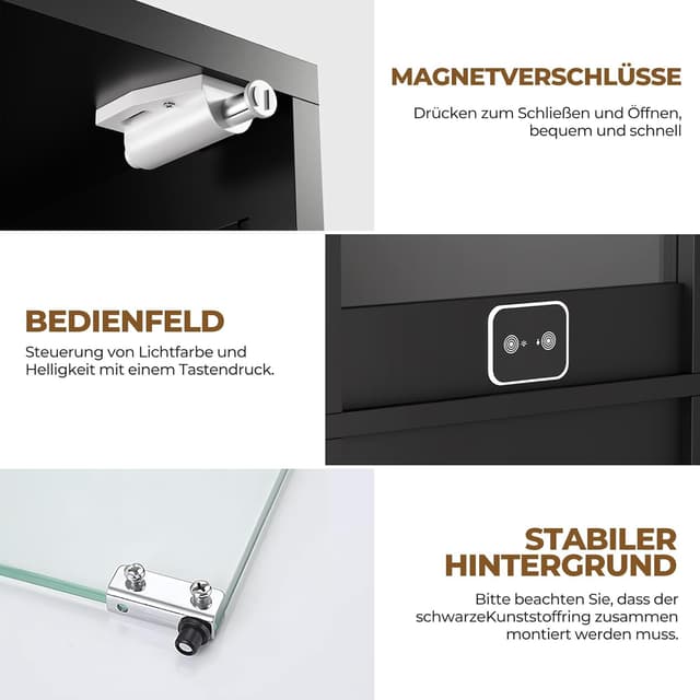 Detalle de BROTTAR Glasvitrine mit dreifarbiger LED-Beleuchtung, Glastüren und Körpersensor-System (40 x 35 x 160 cm) – Schwarz