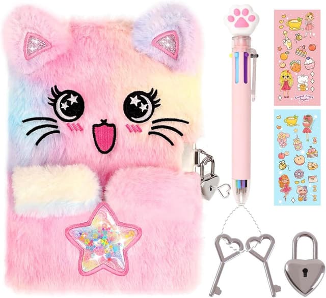 Detalle de PrinBarBee Cat Diary for Girls with Lock and Keys (Tie-Dye Fuzzy Hardcover Notebook, 160 Double-Sided Pages) — A Star-Cat