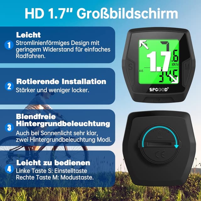 Detalle de SPGOOD kabelloser Fahrradcomputer mit 21 Funktionen, IP54 und beleuchtetem Display