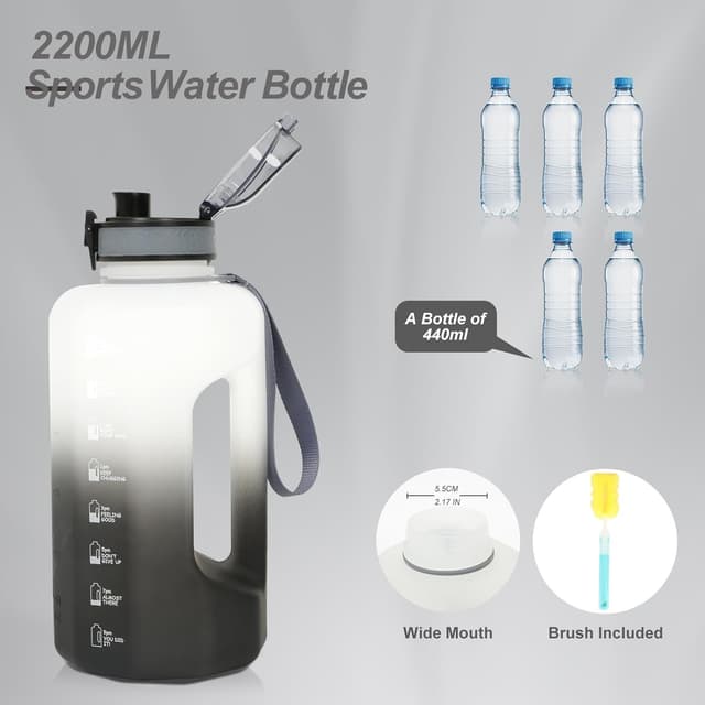 Detalle 2 de GEMFUL 2,2 l Sport-Wasserflasche mit Griff – BPA-frei, mit Zeitmarkierung (Schwarz/Weiß)
