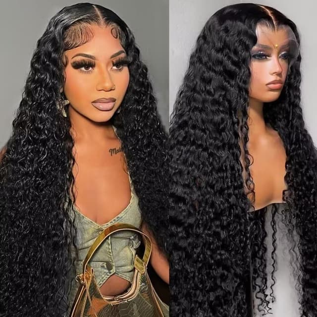 Detalle de 28 Inch 210% Density Deep Wave HD Lace Front Human Hair Wig (13x6) — Glueless, Pre-Plucked, Natural Black
