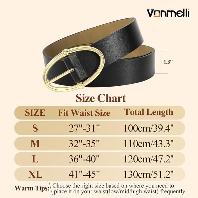 Detalle de VONMELLI PU leather women’s belt for jeans with oval silver or gold buckle