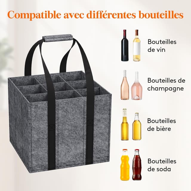 Detalle de Lifewit lot de 2 sacs porte-bouteilles en feutre avec poignées (jusqu’à 9 bouteilles de 1,5 L)