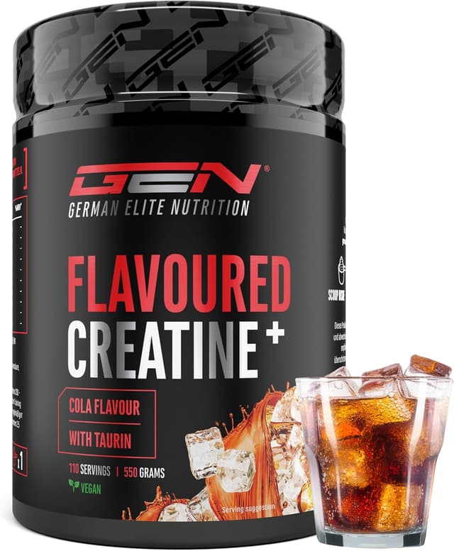 Detalle de Flavoured Creatine Pulver (550 g) – Creatin Monohydrat + L-Taurin, mikronisiert, vegan (Cola)