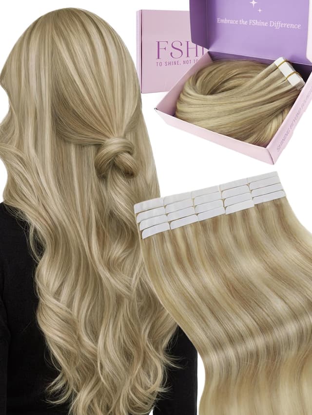 Detalle de Fshine Tape Extension Echthaar 45 cm (50 g, 20 Stück) Goldblond/Mittelblond Skin Weft – Farbe 16P22