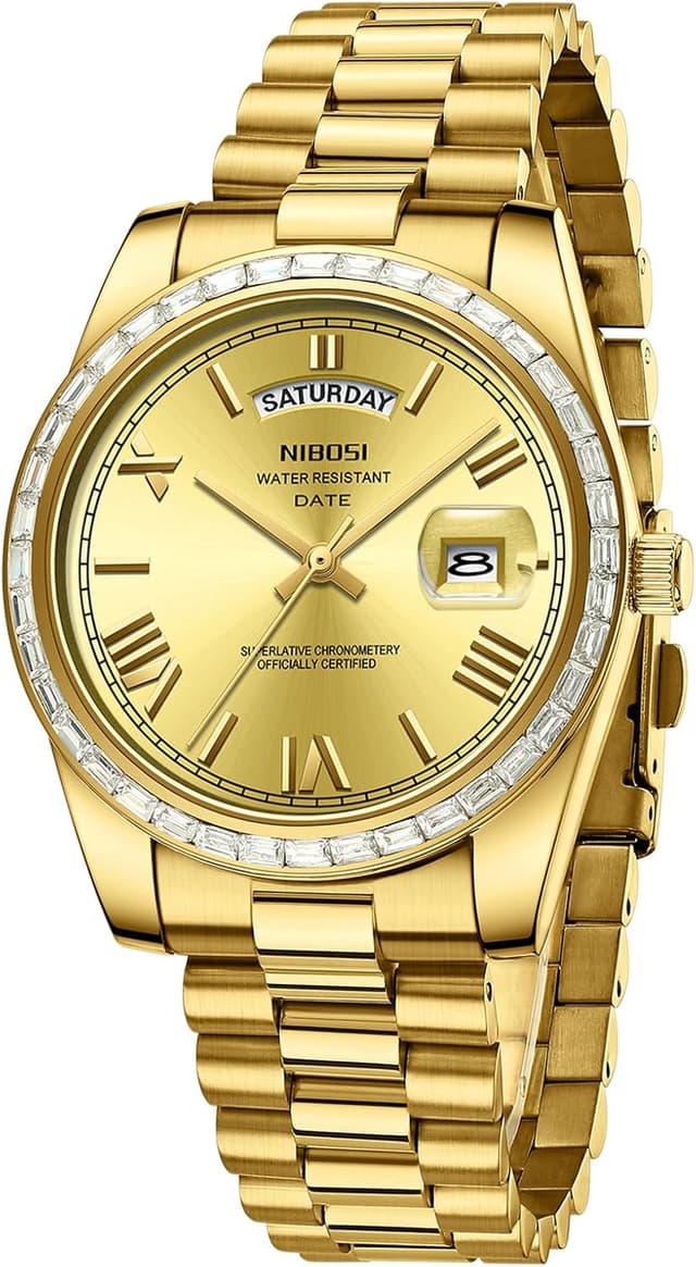 Detalle de NIBOSI Men’s Analogue Quartz Watch with Diamond Bezel (Rose Gold/Silver) and Day-Date Calendar