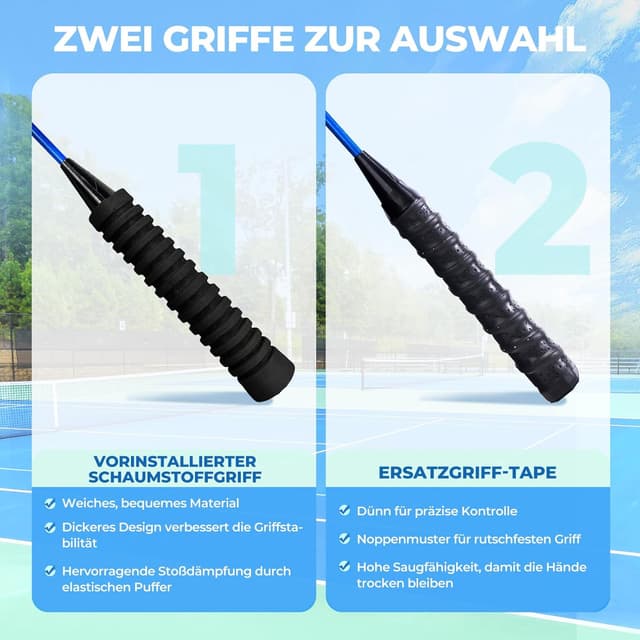 Detalle de HIRALIY Badminton-Schläger-Set (4er, für Kinder & Erwachsene) inkl. 12 Nylon-Volanten, Ersatz-Griffbändern und Tasche