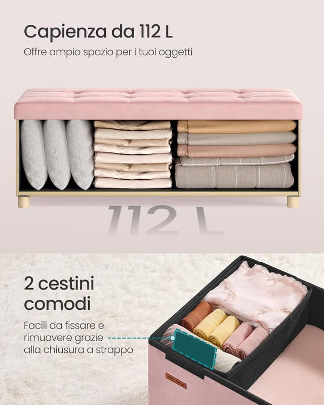 Thumbnail 5 de SONGMICS Pouf Contenitore LSF0518R02, cassapanca pieghevole in velluto rosa pastello (38 x 110 x 40 cm, 112 L)