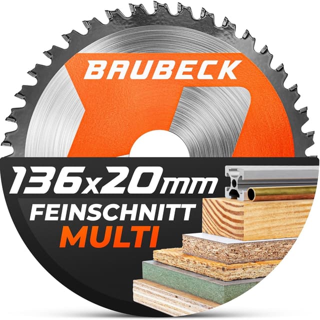 Detalle de BAUBECK Sägeblatt 136 x 20 mm, 1,5 mm Feinschnitt – 40 Zähne für Akku-Kreissägen (Holz & Alu, kompatibel zu gängigen 136x20-Systemen)