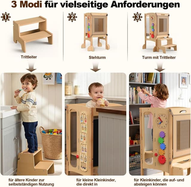 Detalle de SOFTHOM Montessori Lernturm ab 1 Jahr – klappbar, höhenverstellbar mit 360° Sicherheitsnetz und Holz-Tritthocker