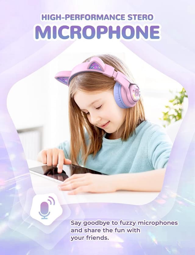Thumbnail 6 de iClever Kids BTH13 Bluetooth Cat Ear LED Headphones (wireless + 3.5mm, volume limiting, mic)